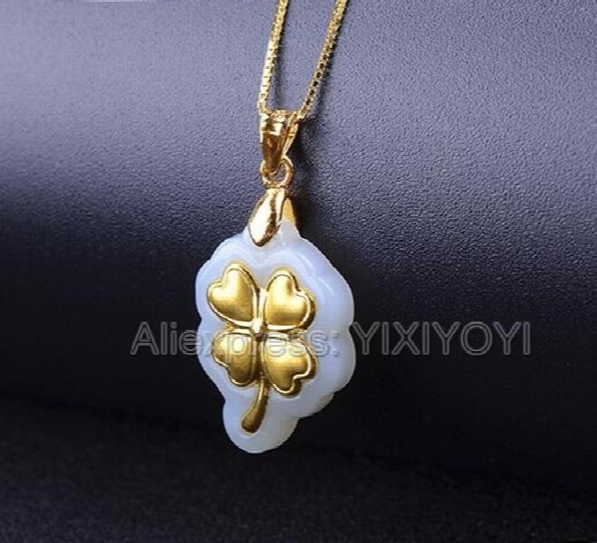 Hetian Jade 18K Inlaid Carved Tree Leaf Pendant Necklace