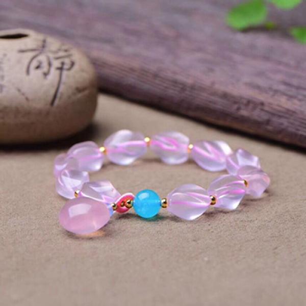 Pink Crystal Bracelet with Pixiu Pendant, Lucky Gift for Women