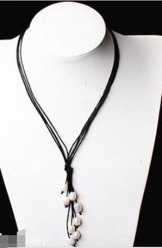 Brown Leather Rope Pink Pearl Necklace