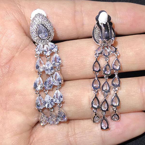 Long CZ Clip On Earrings for Women Evening Party Jewelry