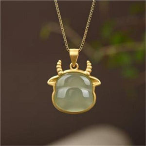 Gray Jade Ox Pendant Chinese Zodiac Cow Year Necklace