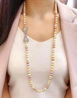 Hand Knotted Gray Shell Pearl Necklace Zircon Sweater Chain