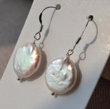 Peach Coin Pearl Dangle Earrings 14mm AA Freshwater Wedding Jewelry