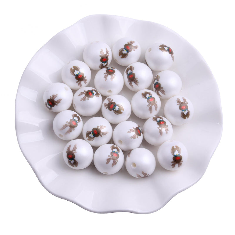 20mm 100pcs Christmas Deer Acrylic Pearl Print Beads for Jewelry Making