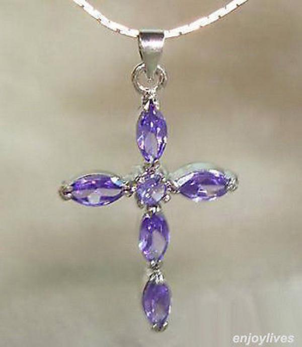 Purple CZ Amethyst Plated Cross Pendant Necklace