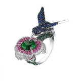 Vintage Silver Enamel Crystal Flower Ring for Women Romantic Jewelry