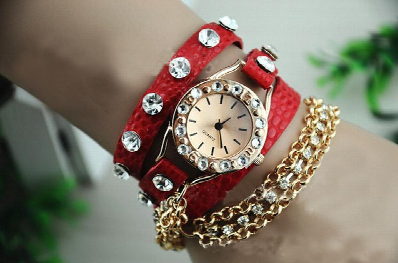 Punk Rhinestone Red Wrap Bracelet Watch Wristwatch