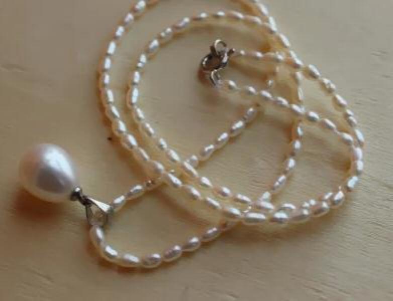 Baby Girl's Pearl Necklace, Freshwater Pearl Jewelry, Rice Pendant