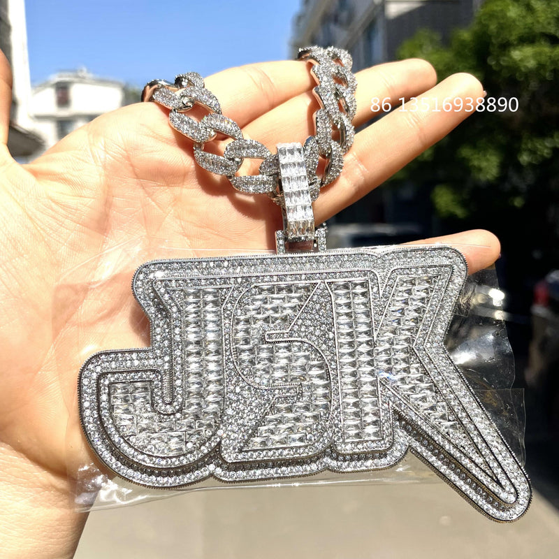 Baguette Zircon Letter Name Pendant Men HipHop Necklace Chain Rock Rapper