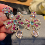 Bow Pearl Earrings Zircon Colorblock Women S925 Silver Needle