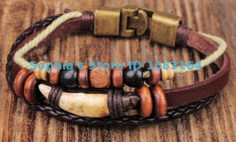 Brown Copper Wooden Beads Leather Wristband Bracelet Cuff