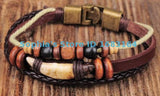 Brown Copper Wooden Beads Leather Wristband Bracelet Cuff