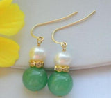 12mm Green Jade & 5-6mm Freshwater Pearl Earrings