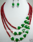 Red Coral & Green Jade Necklace Earring Set