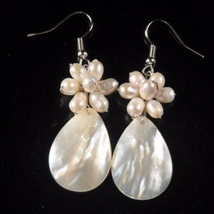 Freshwater Pearl Shell Flower Dangle Silver Earrings