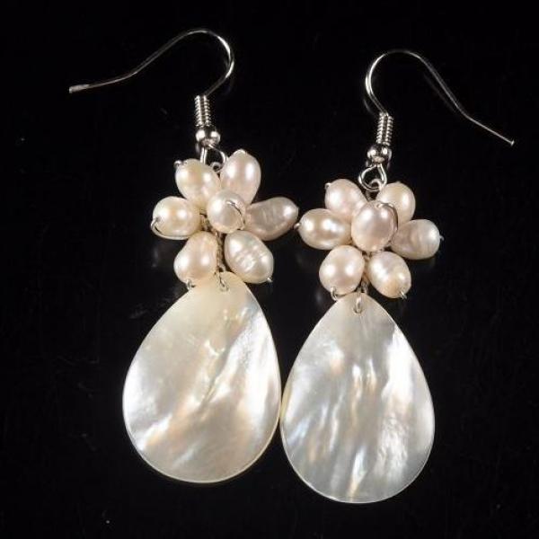 Freshwater Pearl Shell Flower Dangle Silver Earrings