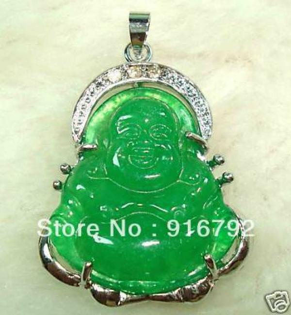 Green Stone Buddha Pendant Necklace 8mm Round Bead Jewelry