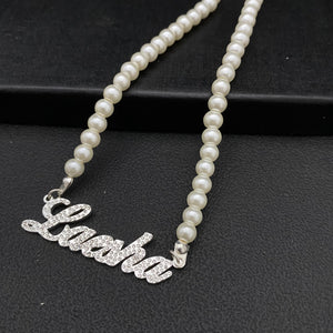 Custom Name Pearl Necklace with Diamond Pendant
