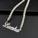Custom Name Pearl Necklace with Diamond Pendant