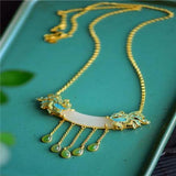 Ethnic Style Necklace Women's Retro Sterling Silver Jade Tassel Chain Set