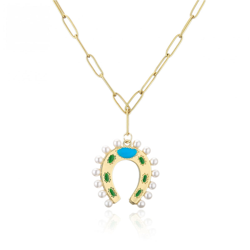 Vintage Pearl Horseshoe Pendant Necklace for Women, Gold Alloy Pendant