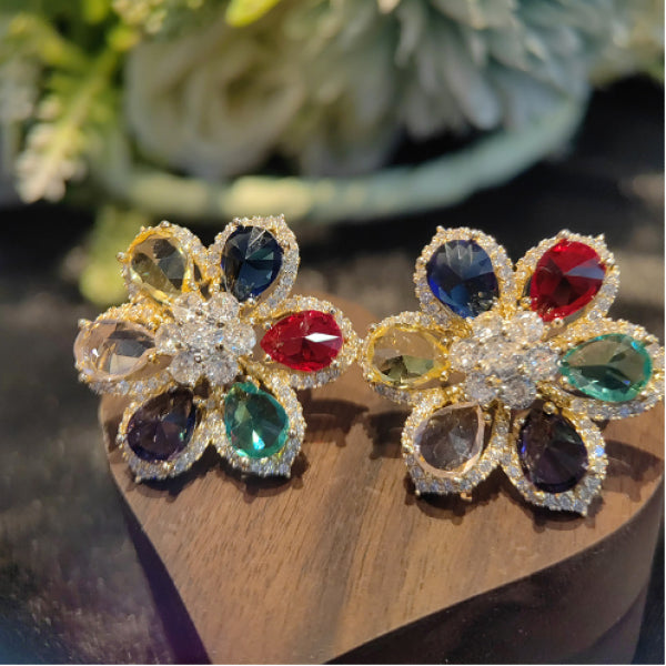 Colorful Zircon 3D Flower Earrings Microinlaid with Zircon 18K