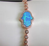 Fire Opal Hamsa Hand CZ Tennis Chain 925 Silver Bridal Wedding