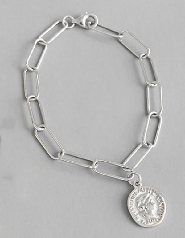 F.I.N.S Silver 925 Link Chain Bracelet Golden Portrait Coin Pendant