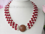 Vogue Red Stone Pearl Necklace - 3 Strands 8mm