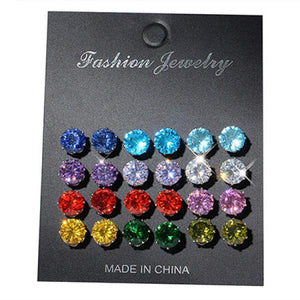 12 Pair Colorful CZ Wedding Stud Earrings Set for Women