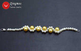 Qingmos Natural Pearl Bracelet Yellow Freshwater Pearl Weaving Bracelet