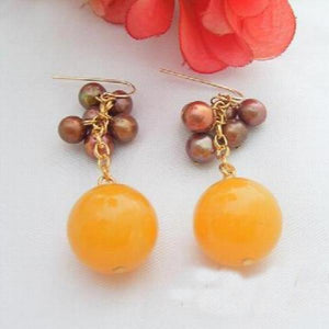 Brown Pearl Yellow Jade Earrings S925 Sterling Silver Dangle Women Jewelry