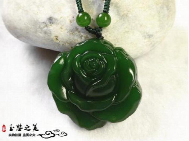 Hand-carved Chinese Hetian Jade Peony Pendant Necklace