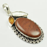 Jaspers Citrines Biwa Pearls Pendant Silver Overlay Copper 62mm