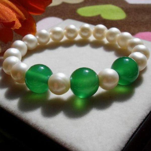 Freshwater Pearl Green Jade Beads Elastic Bracelet Charming Women Gift