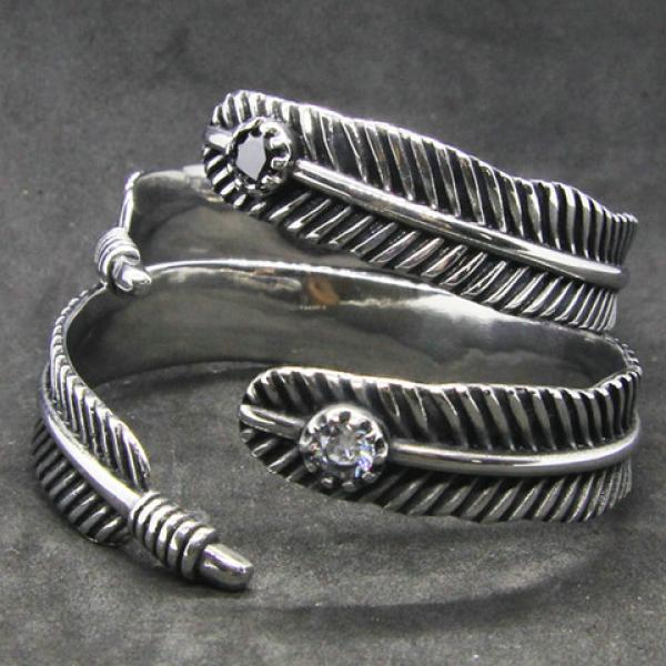 Clear Stone Feather Bracelet Biker Bracelet 316L Stainless Steel