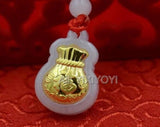 Natural A Jadeite Jade + 18K Chinese Fu Money Bag Pendant Necklace