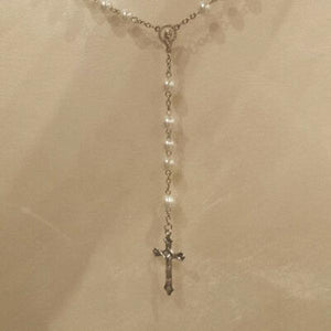 Silver Rosary Necklace with Gray Crucifix Pendant