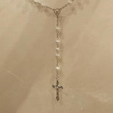 Silver Rosary Necklace with Gray Crucifix Pendant