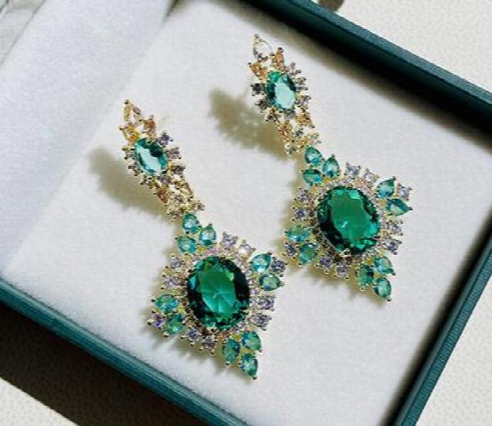 S925 Silver Needle Copper Plated 14K Petal Lake Green Emerald Earrings