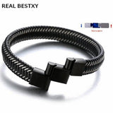 Men Leather Bracelet Stainless Steel Magnetic Clasp Punk Jewelry