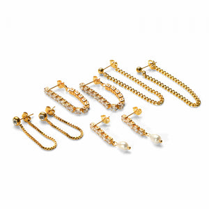 CZ Pearl Stud Earring Stainless Steel Long Tassel Chain Earring for Girls