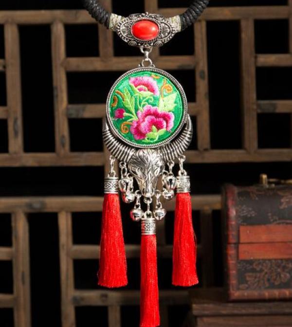 Ethnic Miao Necklaces Embroidery Ceramic Beads Tassels Leather Rope Bells