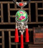 Ethnic Miao Necklaces Embroidery Ceramic Beads Tassels Leather Rope Bells