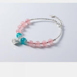 S925 Sterling Silver Pink Strawberry Quartz Crystal Cat Pendant Bracelet