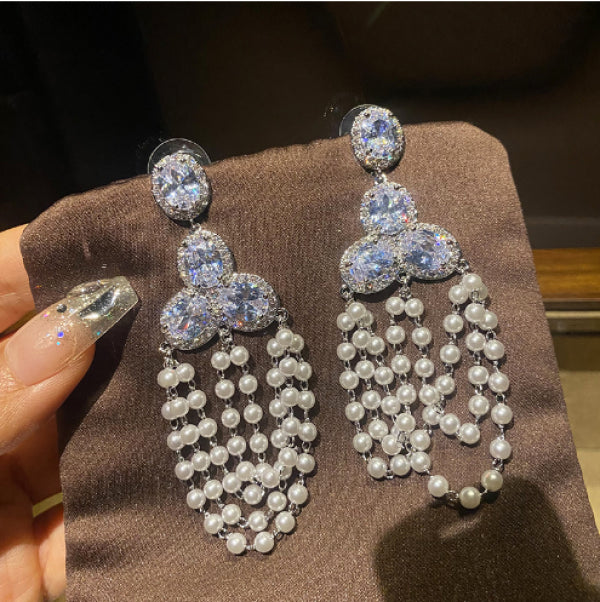 Women Large Round Diamond Pearl Tassel Earrings