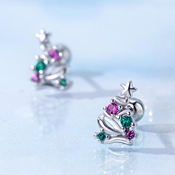 925 Silver Star Christmas Tree Stud Earrings Zircon Inlay Lady Jewelry Gift