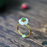 Silver Inlaid Natural Hotan Jade Flower Ring Chinese Court Charm Women's Jewelry