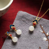 925 Silver Gold-plated Natural Hetian Jade Enamel Xiangyun Women Earrings