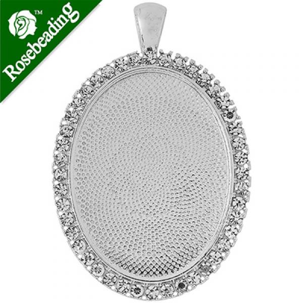 Oval Pendant Bezel with Clear Rhinestone 30x40mm